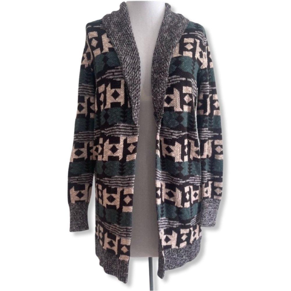 ECOTE (UO) || Green Black Cream Aztec Open Front Long Cardigan || size Small